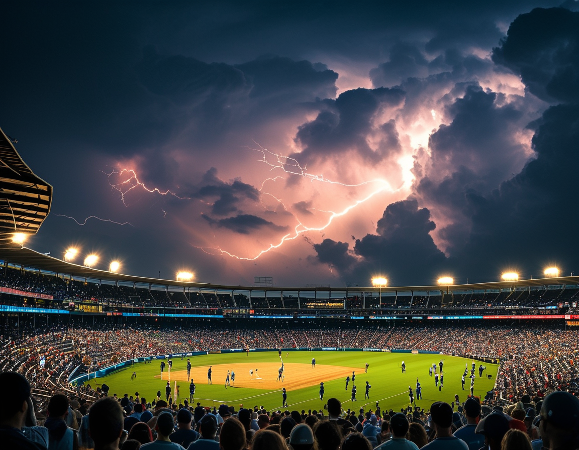 The image depicts a packed cricket stadium under a dark sky with streaks of lightning illuminating the clouds, as players and fans anxiously await the resumption of play.