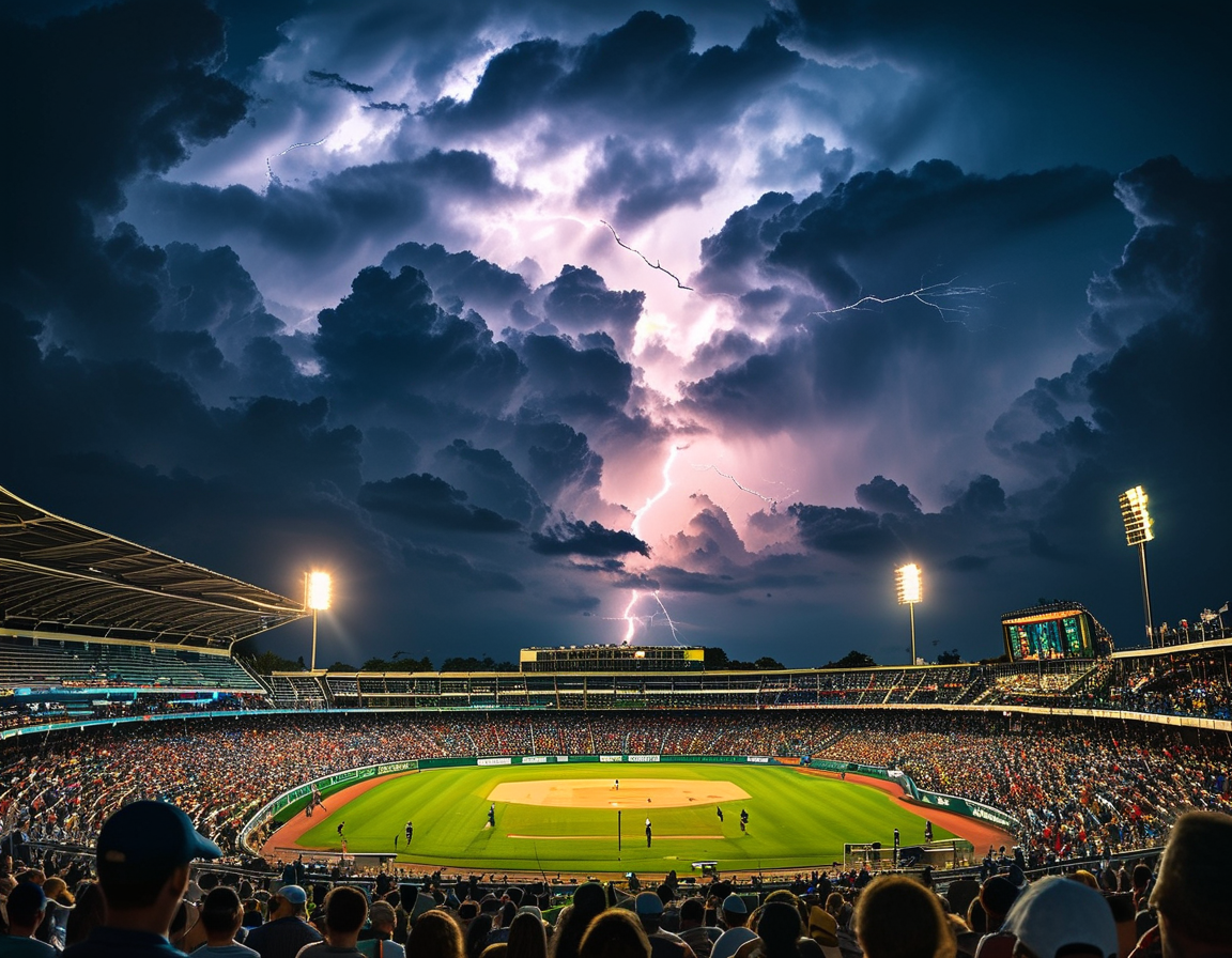A focused Australian cricket team huddles under shelter while watching the rain, displaying expressions of anticipation and determination amidst the unpredictable weather.