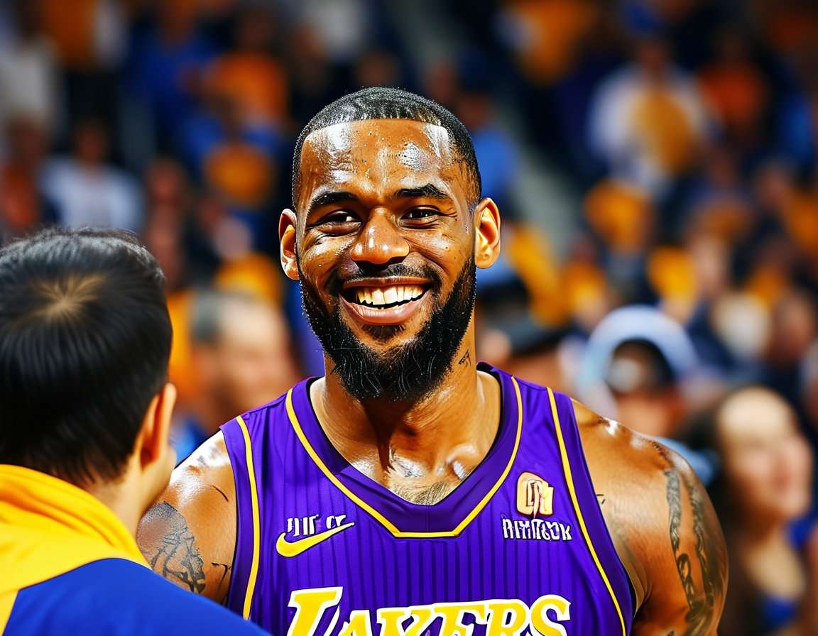 A vibrant image showing Bronny James in his Lakers jersey, smiling and posing with fans at a game, showcasing his popularity and the excitement surrounding his rookie season.