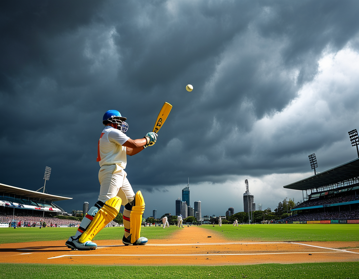A tense moment at the Gabba, Brisbane, showing Indian players defending against Australian bowlers with ominous rain clouds overhead.