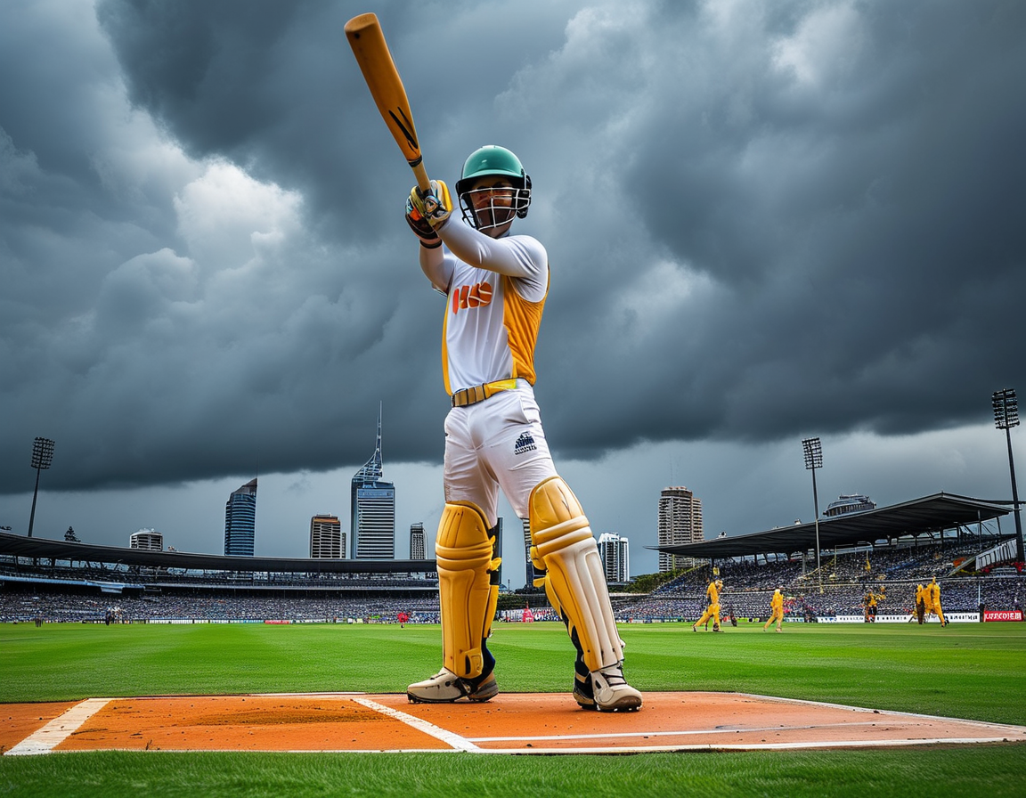 Fans in the stands watch anxiously as rain threatens to interrupt play during the final day of a thrilling Test match.