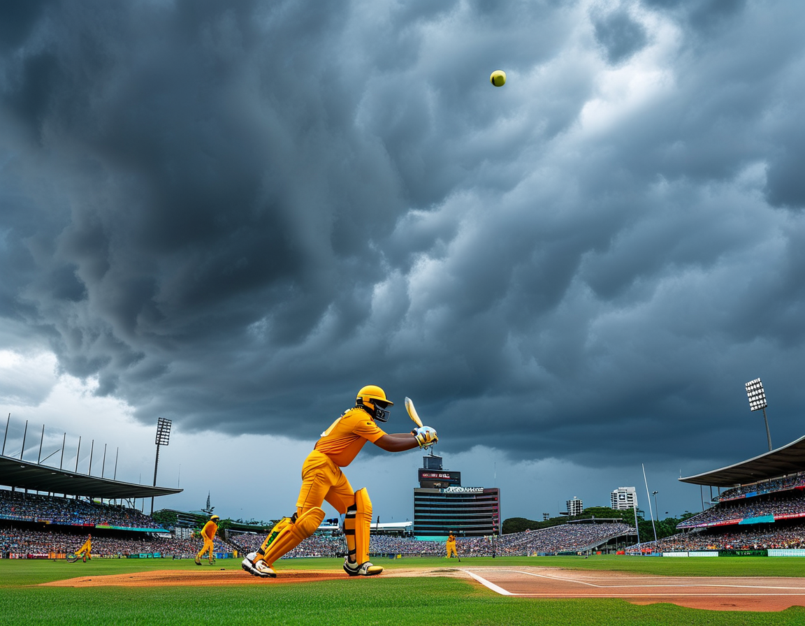 A close-up shot of KL Rahul celebrating his innings, with players from both teams and rain clouds visible in the background, symbolizing the match's tension.