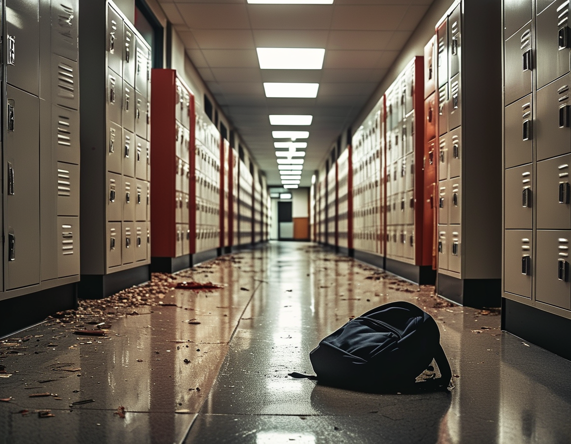 A poignant image showing a high school hallway, with lockers lining the walls, symbolizing the supposed safety of schools now marred by violence. In the foreground, a single backpack lies abandoned, evoking thoughts of loss and tragedy.