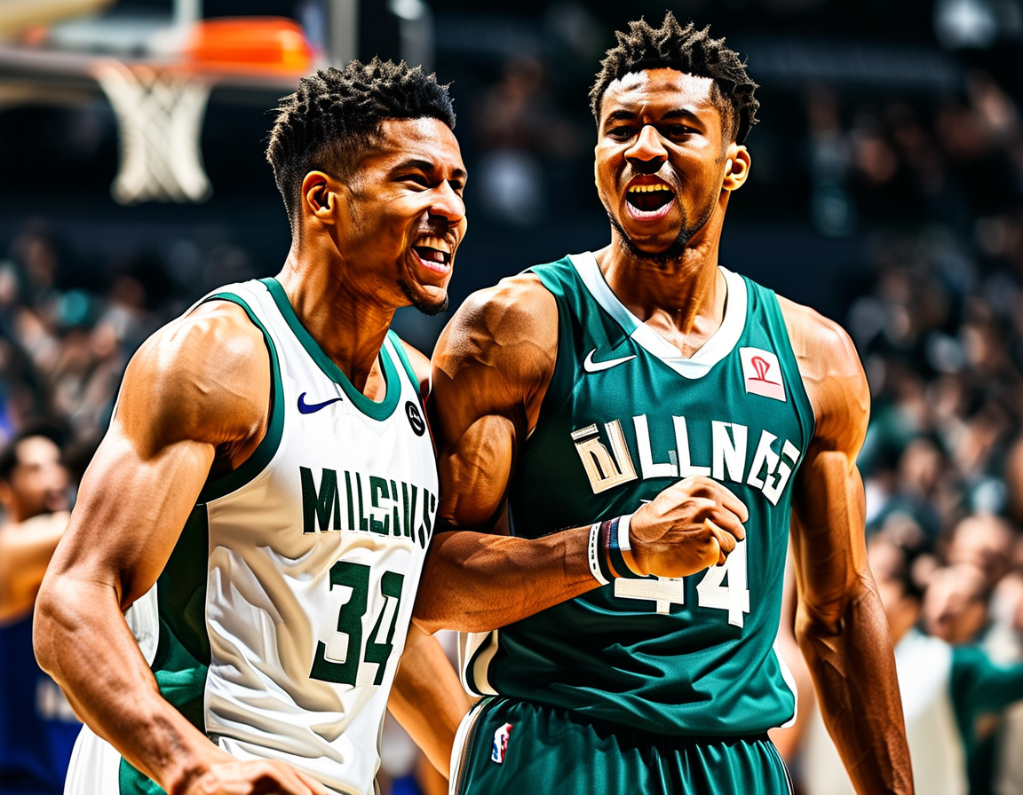 Giannis Antetokounmpo and Shai Gilgeous-Alexander face off during the NBA Cup final, showcasing their competitive spirit and skill on the court. The atmosphere in T-Mobile Arena is electric, filled with cheering fans and intense rivalry as both teams battle for the trophy.