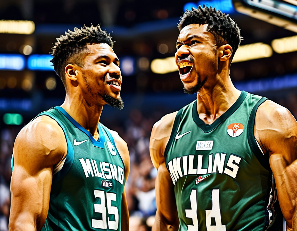 The scoreboard displaying a tight contest between the Bucks and Thunder, with players from both teams in action. Excitement and anticipation fill the arena as fans watch closely to see who will emerge victorious in this thrilling final.
