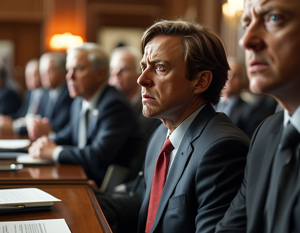 A tense meeting room filled with GOP lawmakers discussing legislation, with facial expressions showing concern and urgency as the government shutdown deadline approaches.