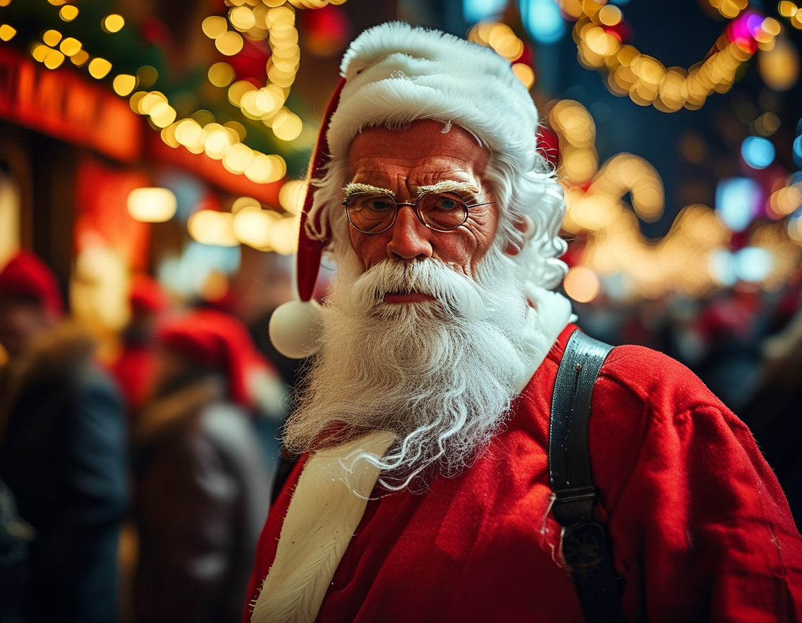 Arnold Schwarzenegger dressed as Santa Claus, wearing a festive red suit with a white beard, spreads joy on the bustling streets of New York City while surrounded by holiday decorations.