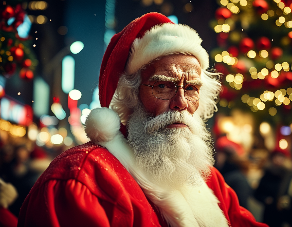 The cheerful setting of a Christmas movie scene, featuring Santa's magical bag of gifts, evoking the spirit of holiday adventures and family warmth.