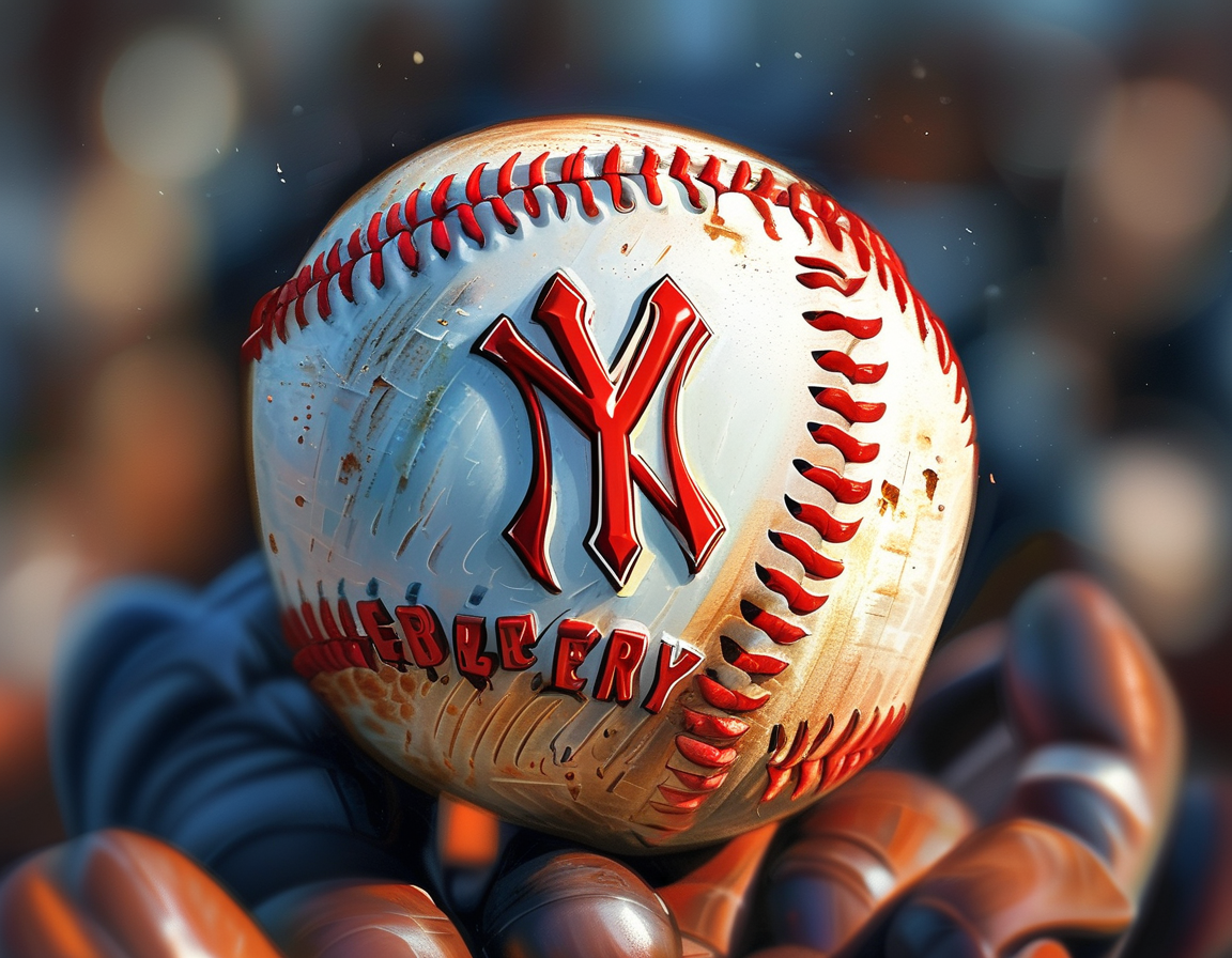 An illustration showing the New York Yankees' logo alongside iconic baseball imagery, highlighting the excitement of the offseason moves, particularly the pursuit of a top free-agent first baseman.
