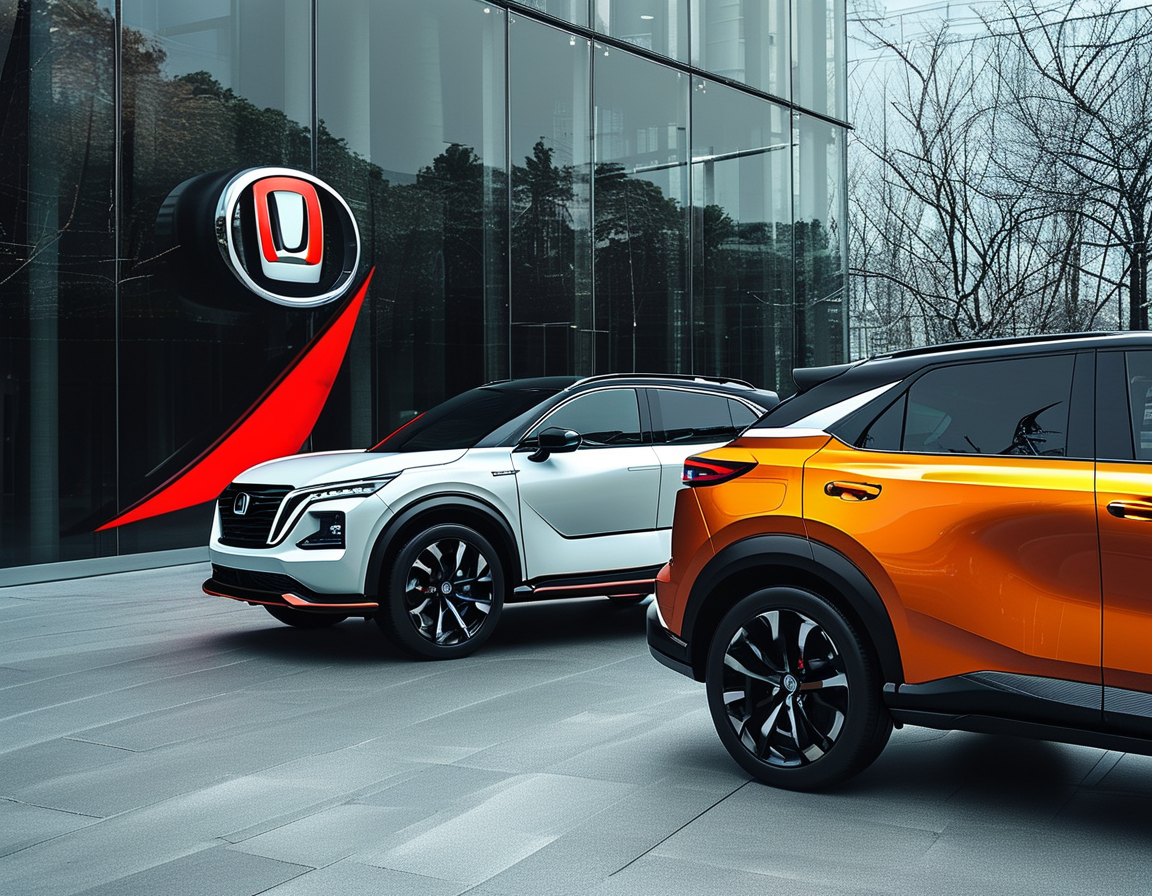 An image showcasing electric vehicles, with Honda and Nissan models prominently displayed, emphasizing their collaboration in EV development.