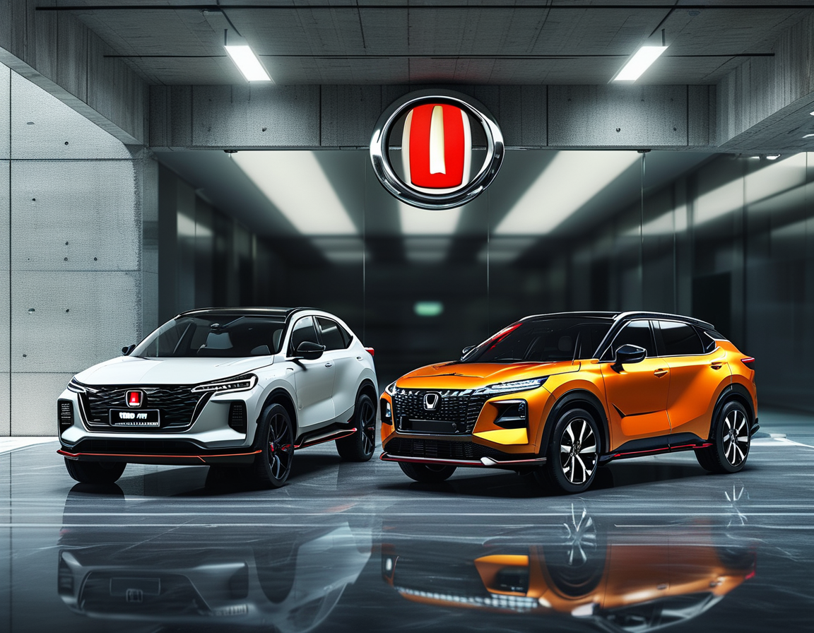 A futuristic depiction of the automotive industry, featuring Honda and Nissan vehicles in a digital landscape, highlighting innovation and competition.