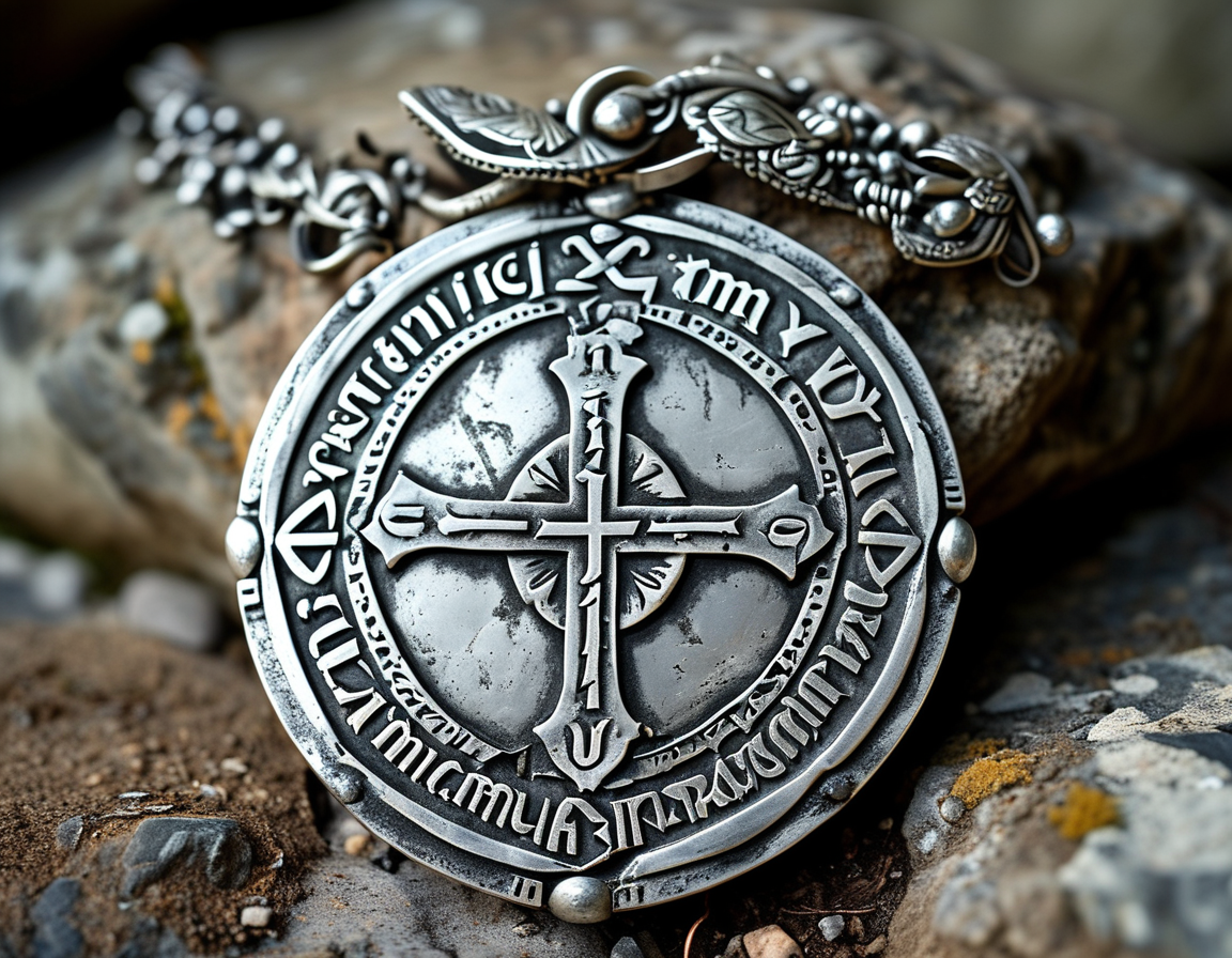 An ancient silver amulet, intricately designed and inscribed with Latin text, resting on a historical archaeological site in Germany, symbolizing early Christian faith.