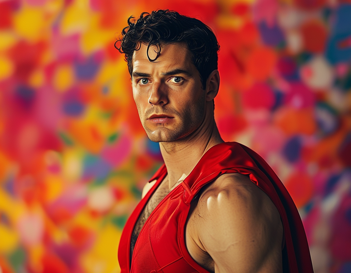 An image of David Corenswet in a modernized Superman costume featuring iconic red trunks, surrounded by a vibrant background symbolizing hope and unity.