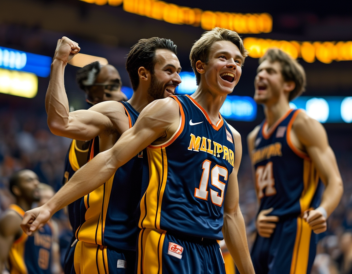 An action shot from the game featuring Slippery Rock players celebrating after scoring, with the scoreboard showing a clear lead of 105-62 against Mansfield.