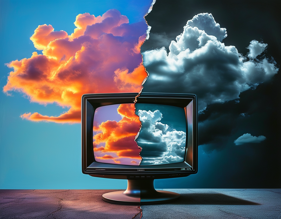A split image showing the glamorous facade of a television set on one side and a dark cloud symbolizing controversy on the other, illustrating the clash between art and personal accusations.