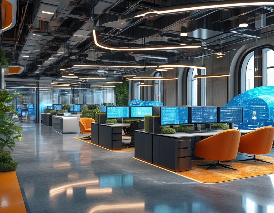 A futuristic office environment showcasing a diverse group of professionals working collaboratively on advanced AI technology projects, symbolizing Databricks' innovative spirit.
