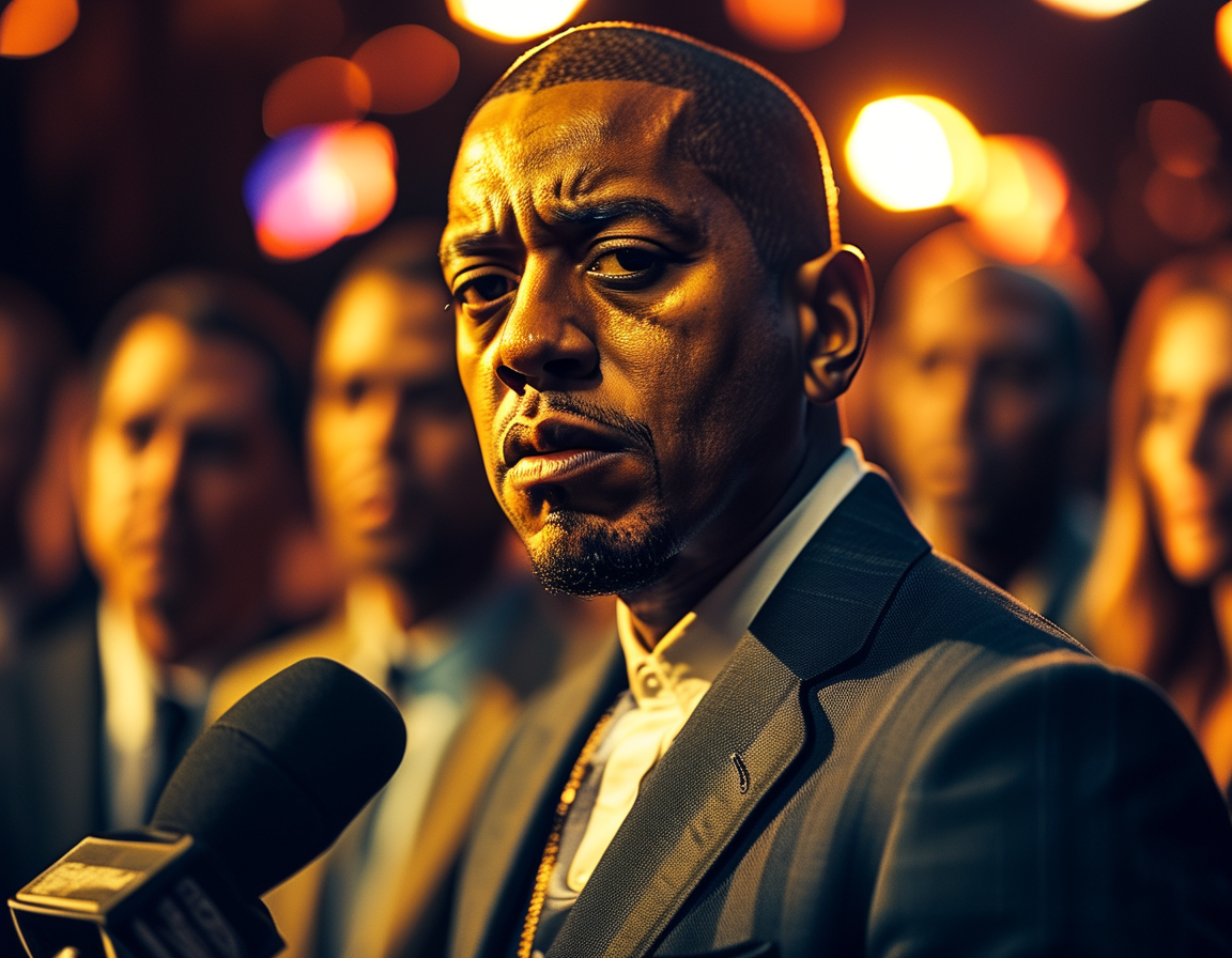 A press conference scene with Jay-Z's attorney, Alex Spiro, strongly defending his client against serious allegations, illuminated by flashing cameras and reporters.