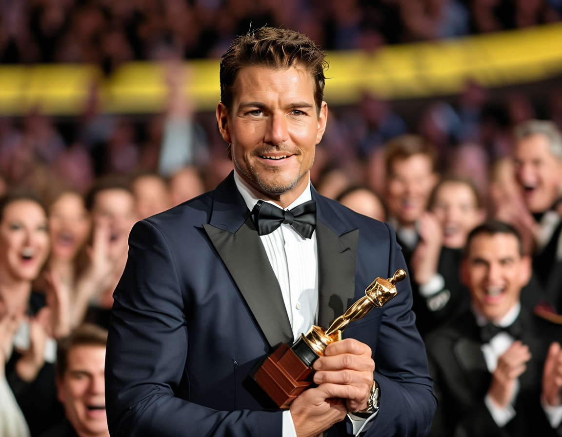 Tom Cruise at the award ceremony in London, holding the Distinguished Public Service Award, surrounded by Navy officials and a cheering crowd, showcasing his Hollywood charm.