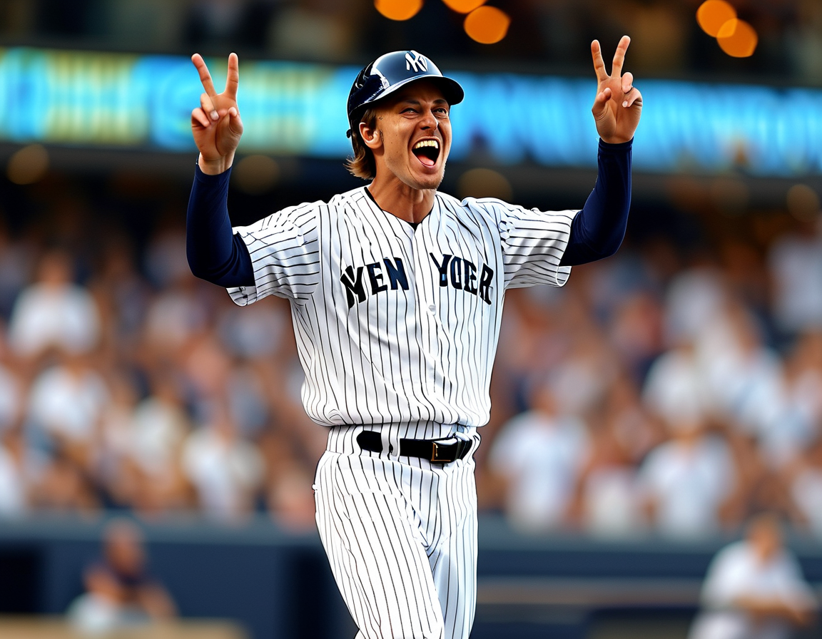 Cody Bellinger in a Yankees uniform, showcasing his batting stance during a game with fans in the background, symbolizing the excitement of his trade to New York.