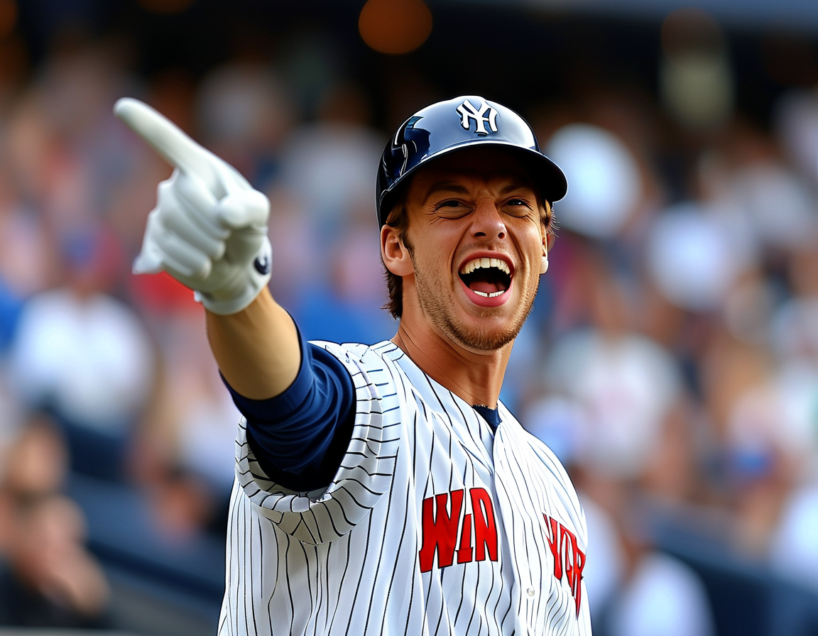 A split image showing Bellinger celebrating a home run with the Cubs on one side and the Yankees' iconic stadium on the other, illustrating his transition between teams.