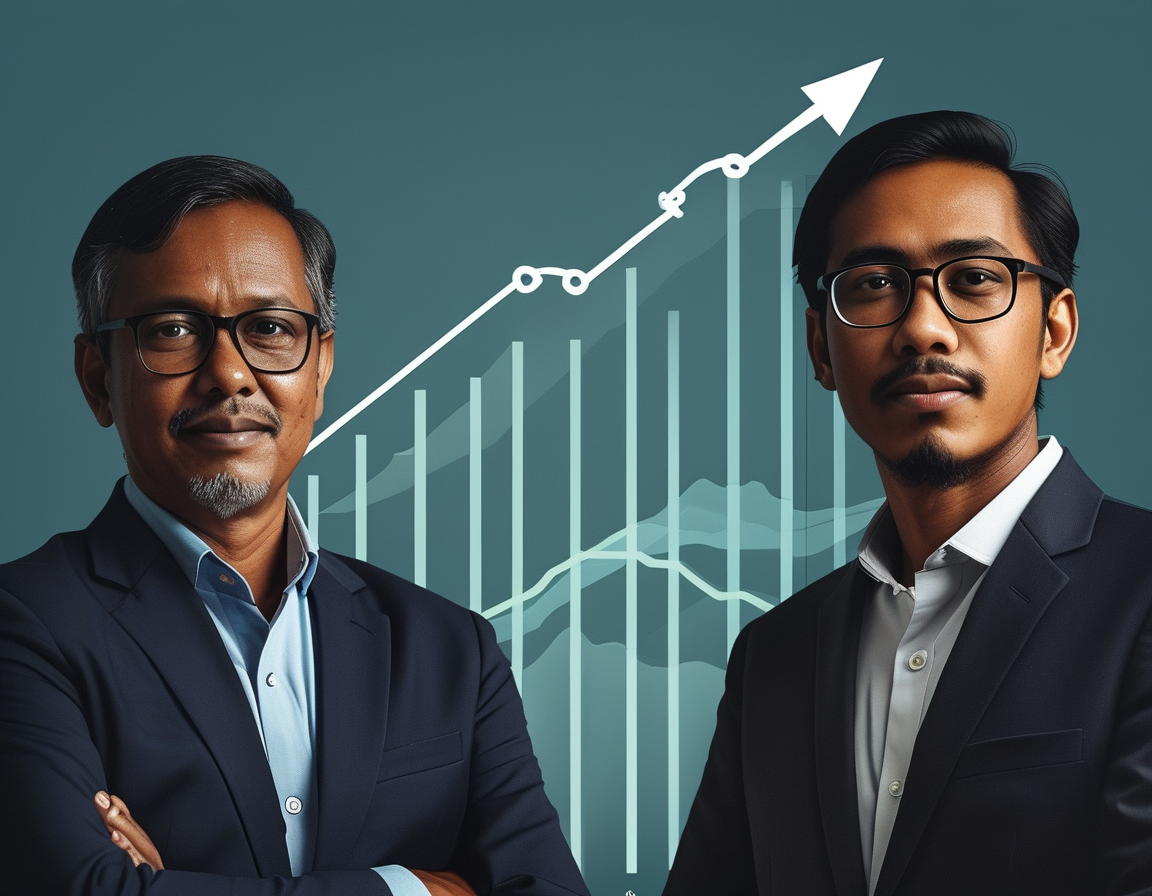 A graphic representation showing key stakeholders in Alamtri Resources, including images of Boy Thohir and Edwin Soeryadjaya alongside a rising graph indicating profits and dividends.