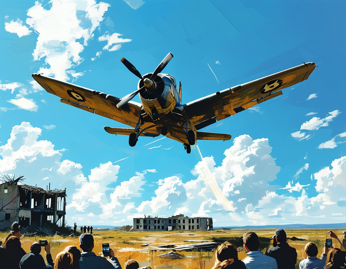 A training aircraft is seen spiraling out of control against a clear blue sky, with the silhouette of an abandoned building below, illustrating the moments before a tragic crash. Eyewitnesses are gathered in the foreground, phones out, capturing the shocking event.