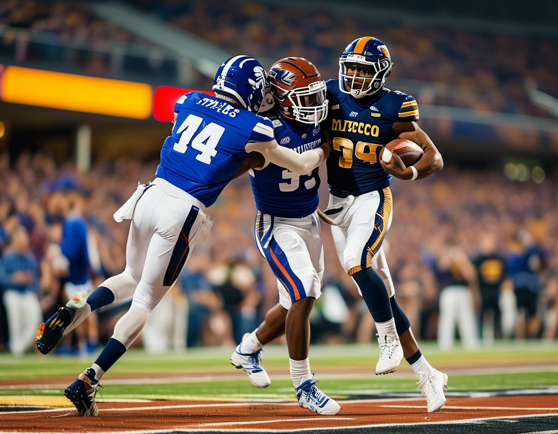 A thrilling moment from the Frisco Bowl featuring players from both Memphis and WVU on the field, showcasing intense competition and passionate fans in the stands.