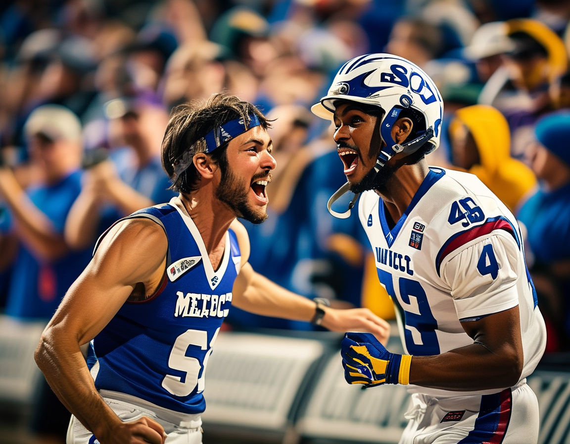 Seth Henigan throwing a touchdown pass, surrounded by teammates in vibrant Memphis jerseys, embodying the excitement and competitive spirit of the college football postseason.