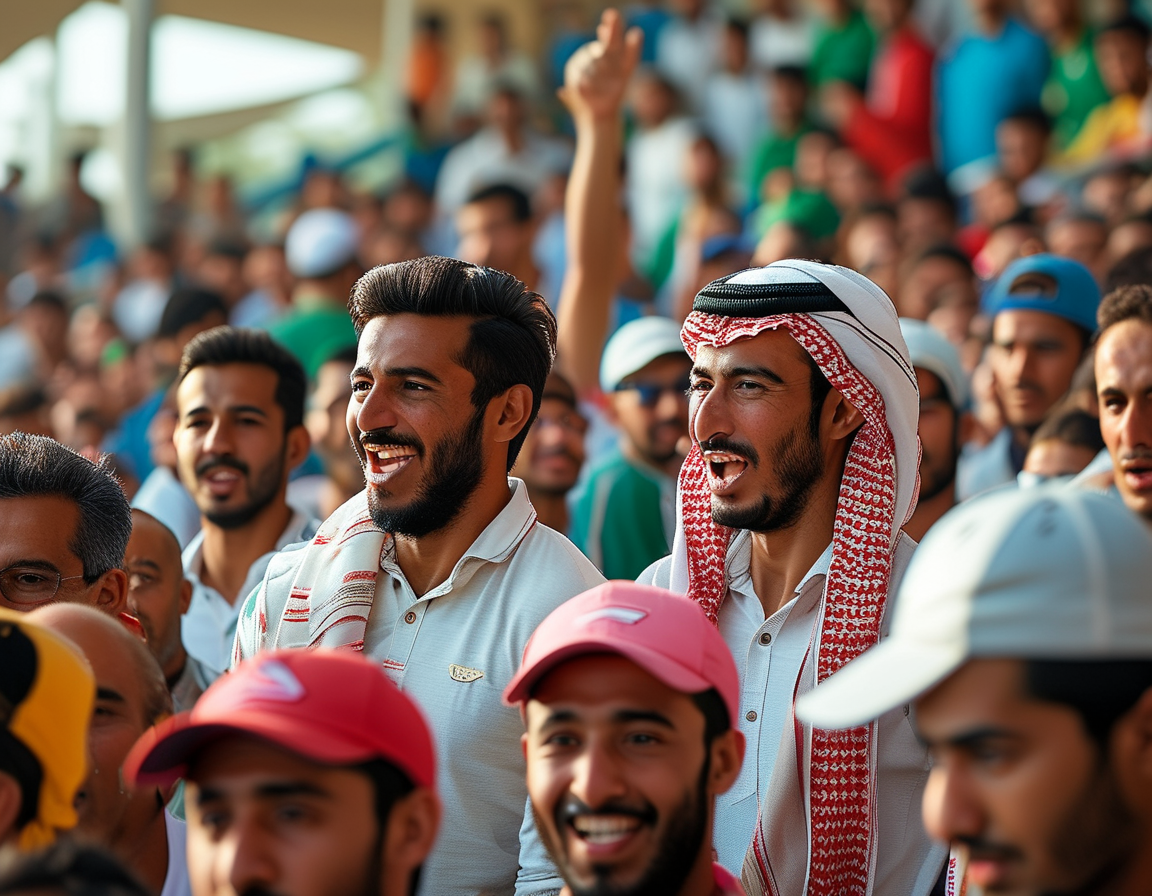 A vibrant scene at the Cricket Academy in Dubai, with fans energetically cheering in the stands as players from Oman and Saudi Arabia warm up for the upcoming match.