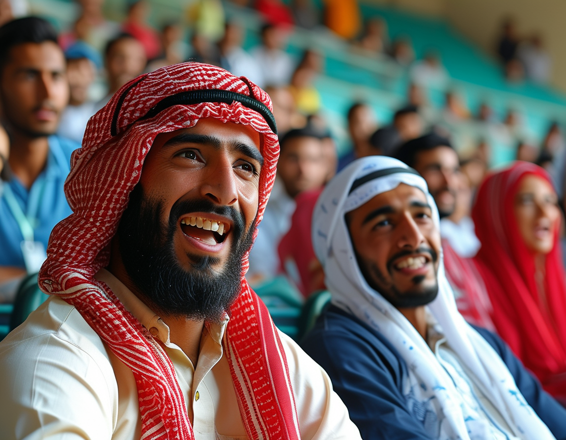 A digital screen showing the start time of the Gulf T20I match between Oman and Saudi Arabia, with cricket gear and fans surrounding, capturing the excitement of the event.