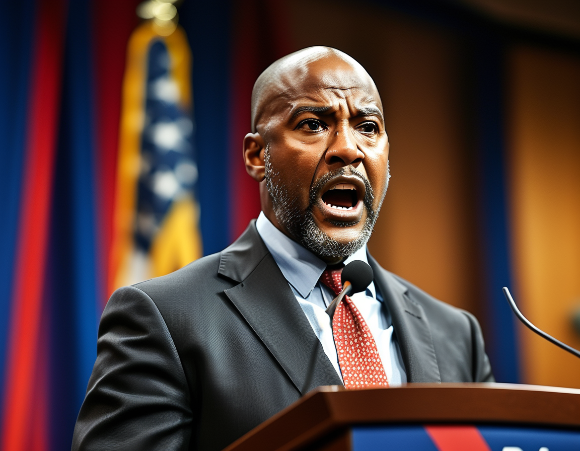 An image of Van Jones speaking passionately at a podium, with a backdrop that signifies political debate, emphasizing the contrast between his views and those of the Democratic Party.