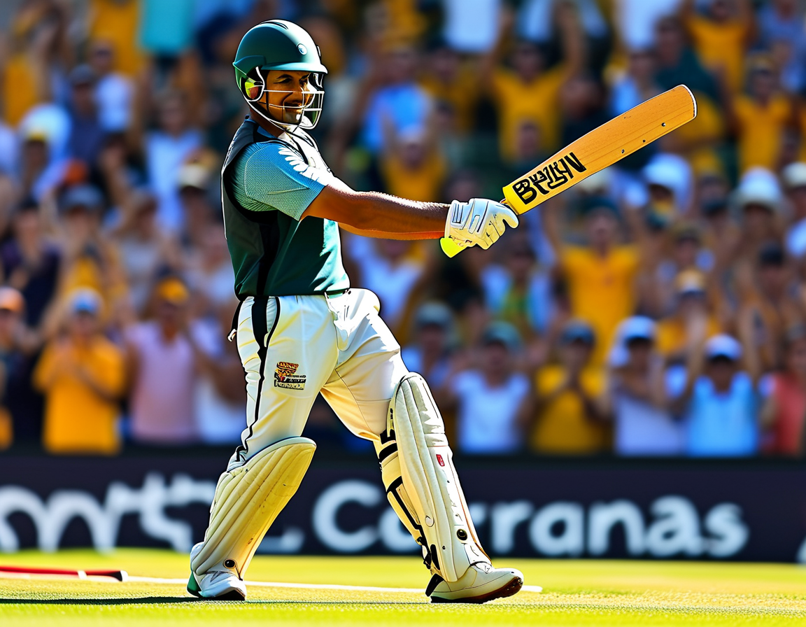 An intense moment captured during the Border-Gavaskar Trophy, featuring KL Rahul batting, showing focus and determination on the field amid an Australian crowd cheering.