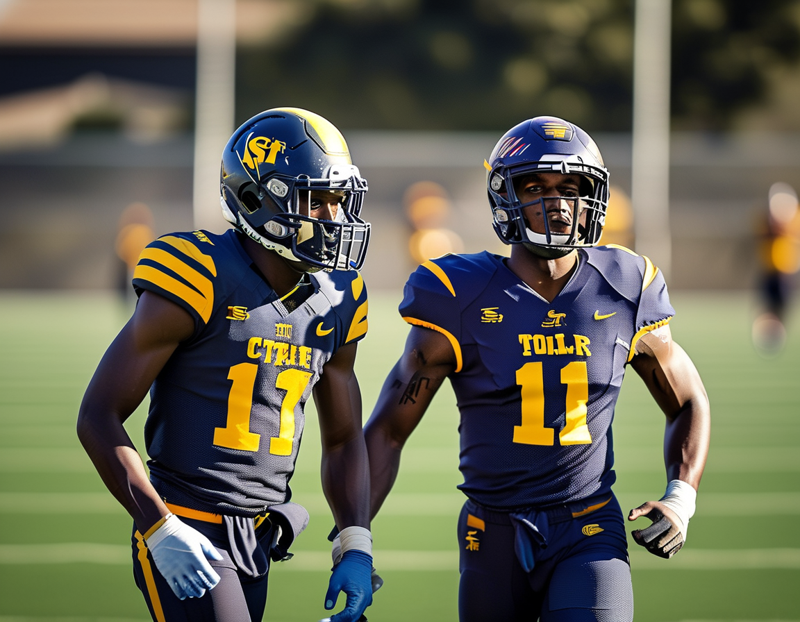 An illustration of the Branch brothers contemplating their future, with a football field in the background, expressing hope and uncertainty as they explore new opportunities in college athletics.