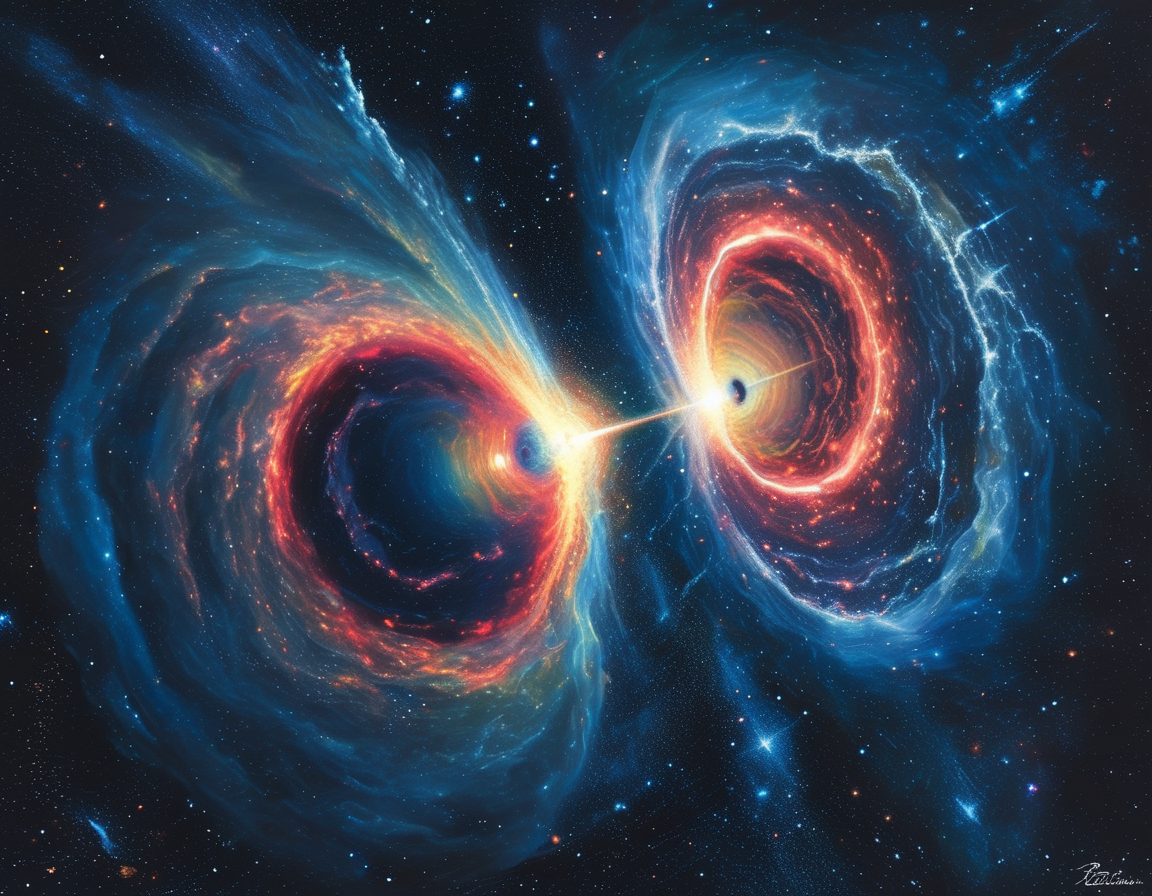 A striking illustration of the binary star system orbiting Sagittarius A*, with vibrant colors depicting the stars and the supermassive black hole's gravitational influence, set against a starry cosmic background.