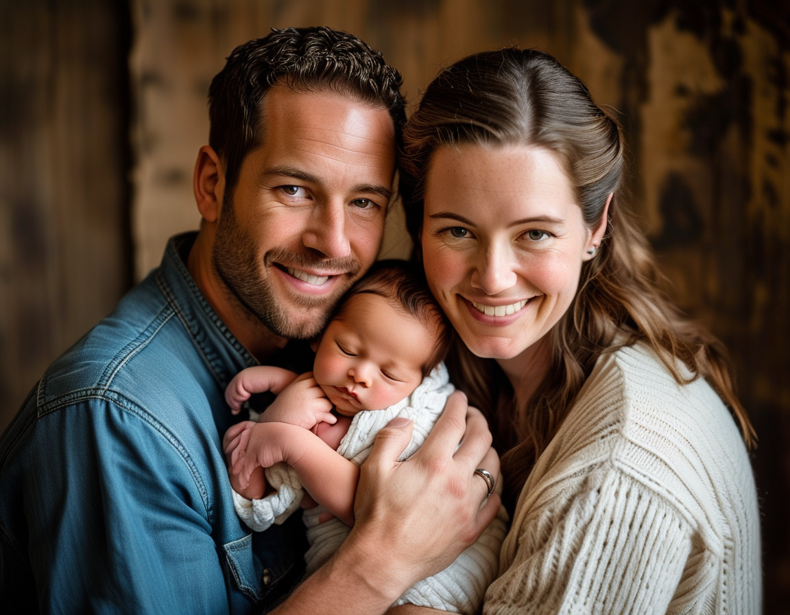 A heartwarming family photo of Louis Smith, Charlie Bruce, and their newborn Remi, showcasing joy and love as they embrace their new addition.