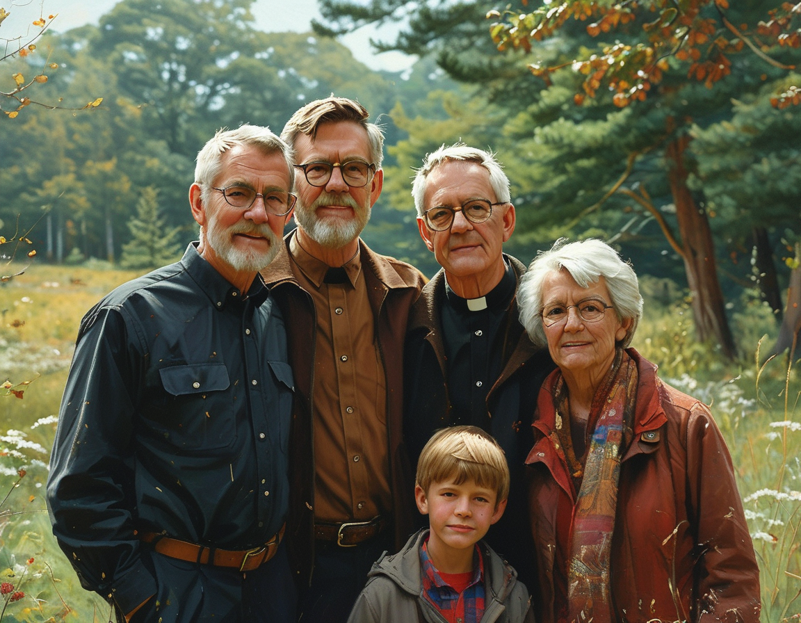 An outdoor gathering of family members reflecting on Reverend Lyndon J. Biddix's life, surrounded by nature, symbolizing love and unity.
