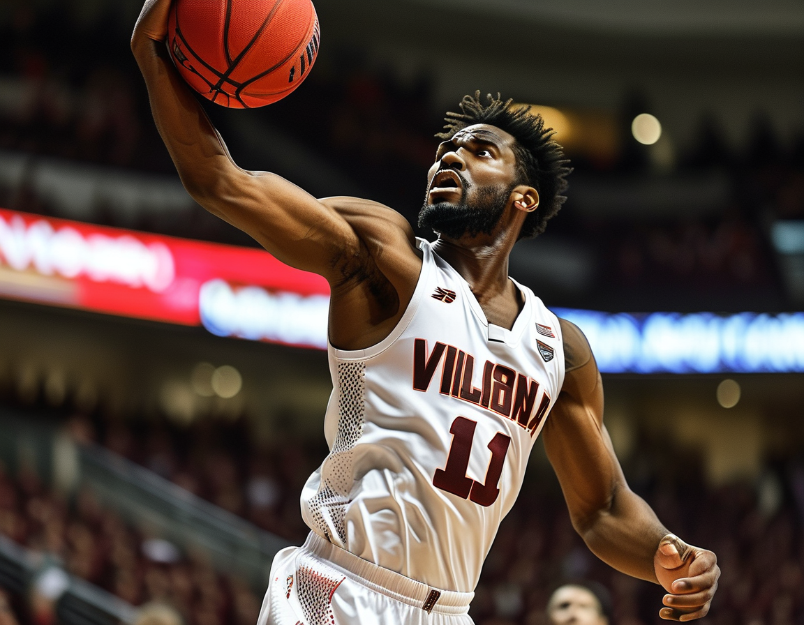 Isaiah Coleman leaping to grab a rebound during a game against Villanova, showcasing his athleticism and determination on the court amidst a challenging match.