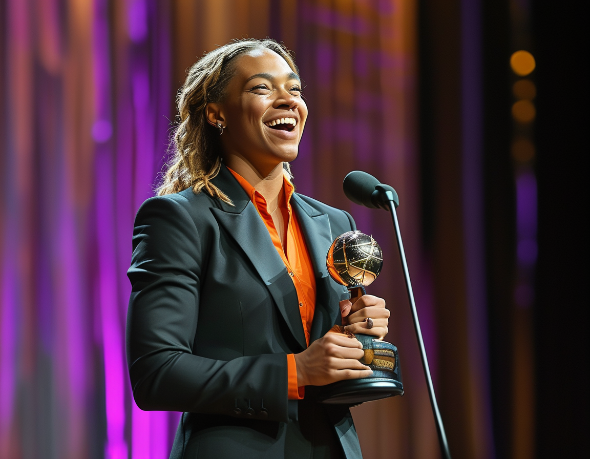 Keely Hodgkinson stands proudly on stage holding her Sports Personality of the Year award, beaming with joy and gratitude as she celebrates her achievements.
