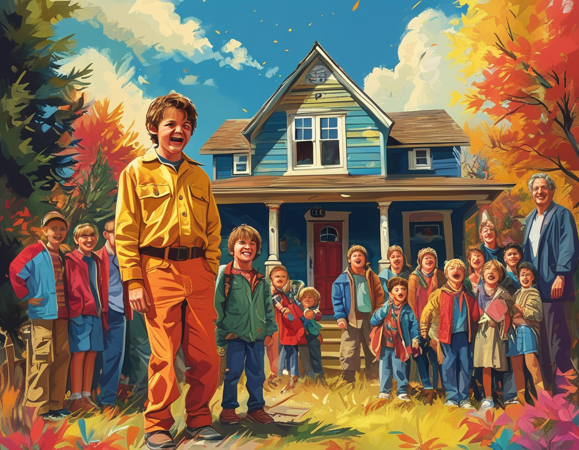 An illustration of Macaulay Culkin standing in front of the iconic Home Alone house, with bright colors celebrating nostalgia and family fun. Fans gather around, reenacting scenes from the movie, exuding joy and laughter.