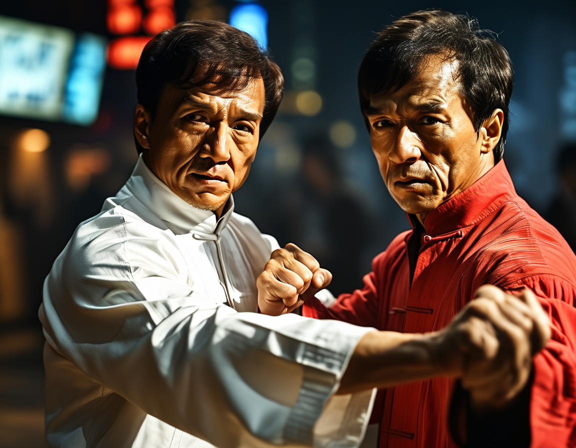 An exciting scene from 'Karate Kid: Legends', featuring Jackie Chan as Mr. Han and Ralph Macchio as Daniel LaRusso, both showcasing martial arts techniques with a backdrop of New York City.