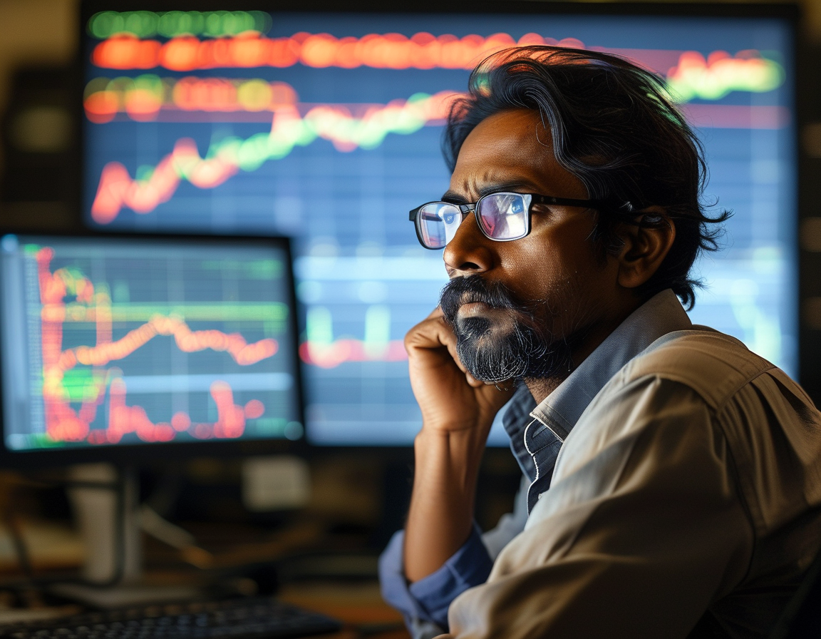 A worried investor looks at stock market trends on a computer screen, illustrating the concern over NMDC shares and rising iron ore taxes in Karnataka.