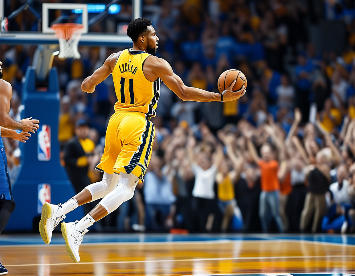 A dynamic photo capturing Giannis Antetokounmpo soaring for a dunk as Damian Lillard looks on during the NBA Cup Championship game against the Oklahoma City Thunder, with fans cheering in the background.