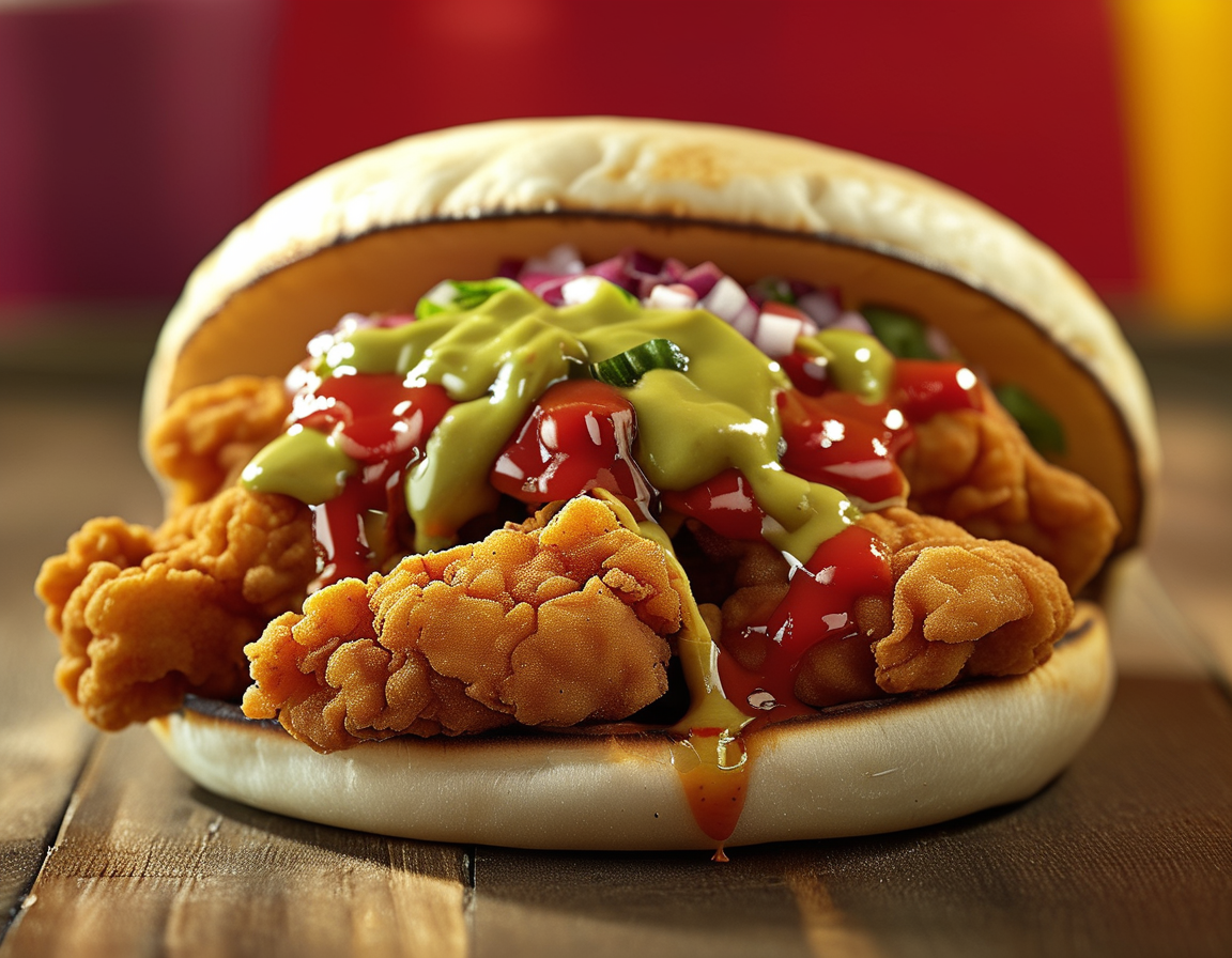 A close-up of Taco Bell's crispy chicken nuggets served with three dipping sauces, showcasing the unique coating and vibrant colors of the sauces against a Taco Bell branded background.