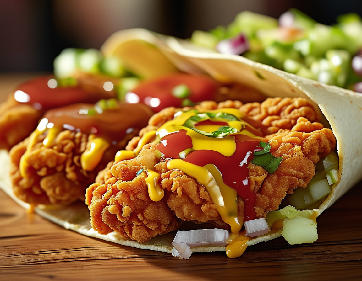 An overhead shot of a table featuring Taco Bell's chicken nuggets alongside various dipping sauces, conveying the fun and variety of fast food dining experiences.