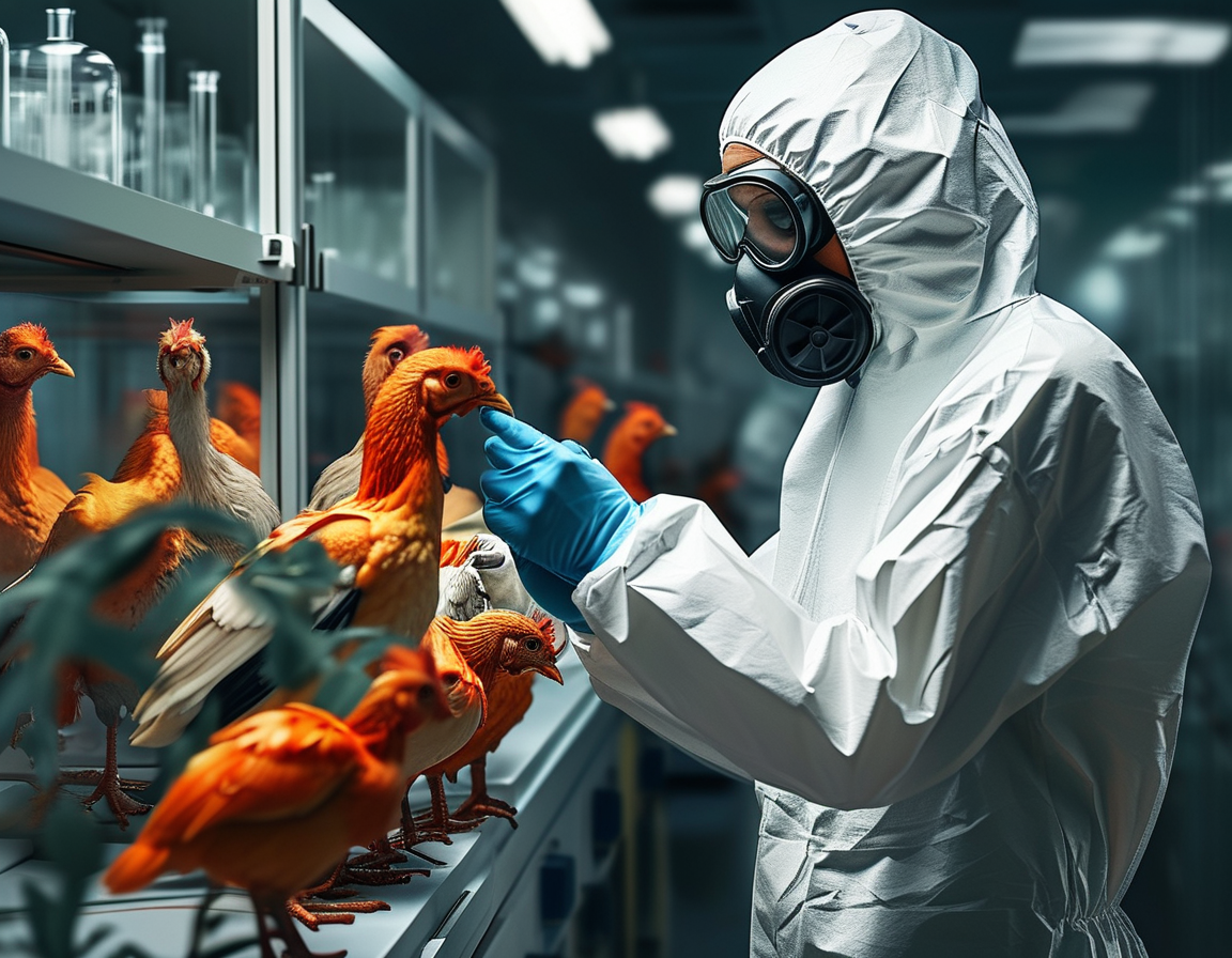A healthcare professional in protective gear examines a bird in a laboratory setting, symbolizing the intersection of human health and avian influenza risks.