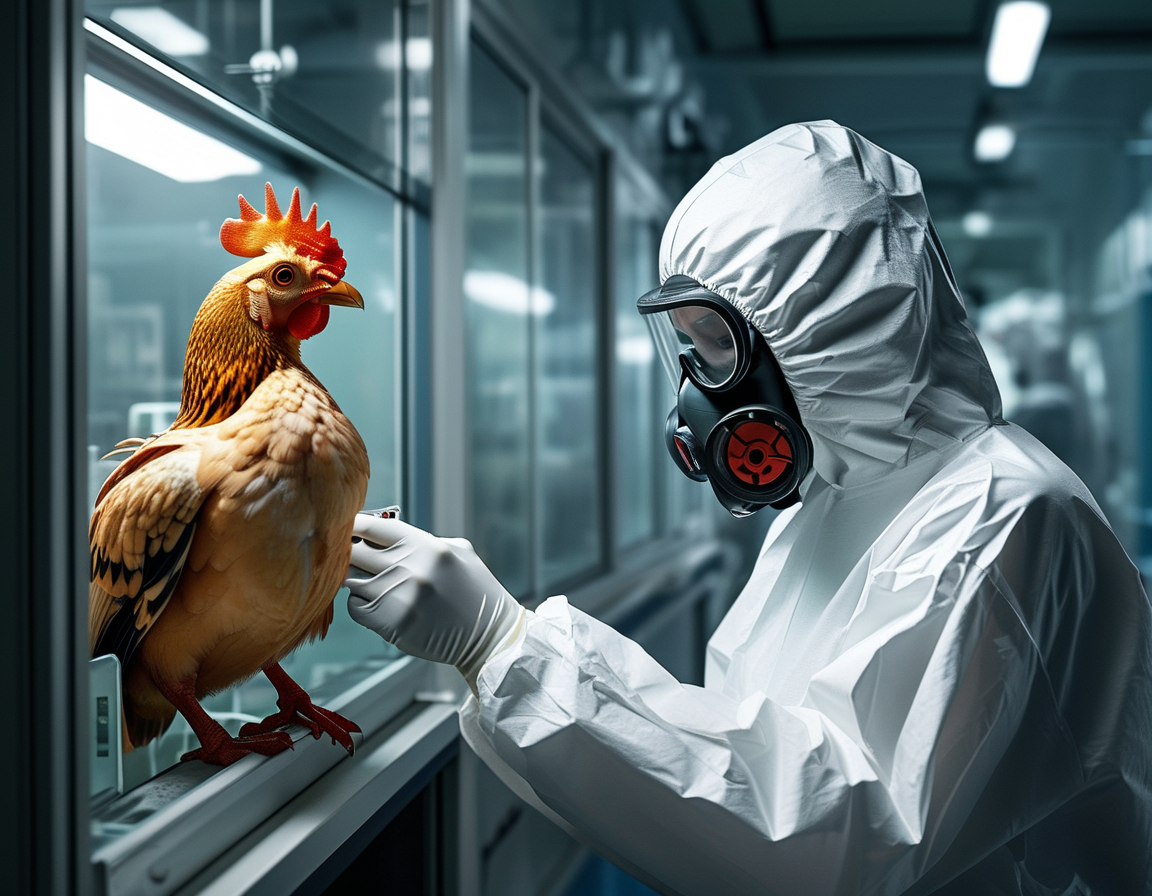 A backyard flock of chickens under a cloudy sky, representing the potential health risks posed by bird flu to domestic birds and their owners.