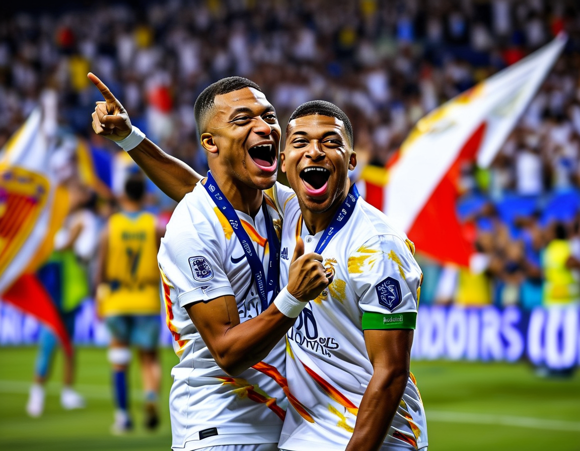 Kylian Mbappe and Vinicius Junior celebrating a goal on the field, surrounded by ecstatic fans waving Real Madrid flags, capturing the spirit of triumph in the Intercontinental Cup.