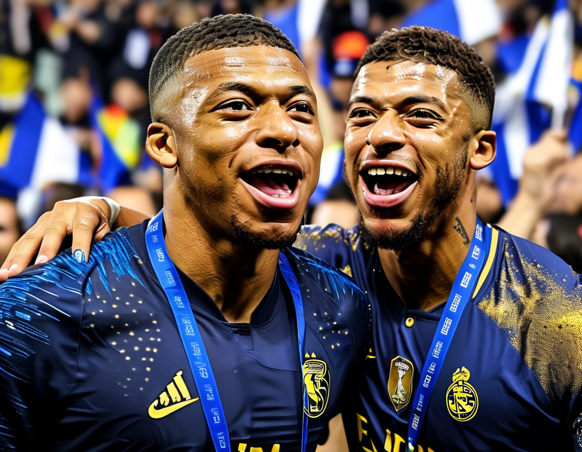 The Real Madrid team huddling together post-victory, showcasing camaraderie and determination, set against the backdrop of the Ahmad Bin Ali Stadium illuminated by celebration lights.