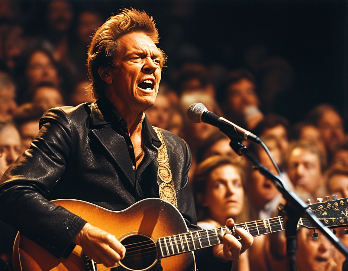 A vintage photo of Johnny Cash performing on stage, capturing his intense emotional expression and iconic 'Man in Black' image, surrounded by a captivated audience.