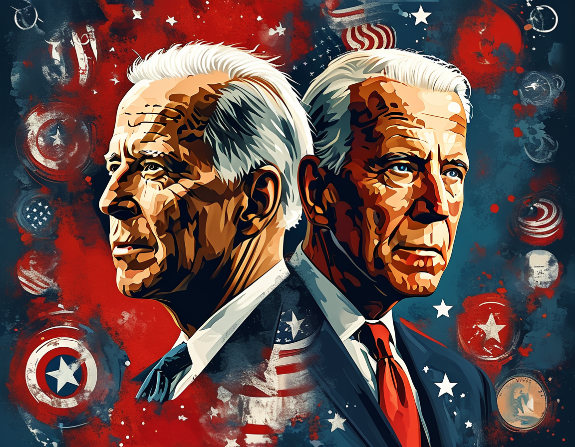 An abstract representation of American democracy, featuring a split image of President Biden and former President Trump, surrounded by symbols of truth and misinformation. The contrast emphasizes the battle for narratives in history.